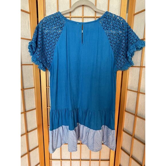 UMGEE Linen Blend Top Blouse Crochet Lace Blue Multicolor Medium - Picture 5 of 5